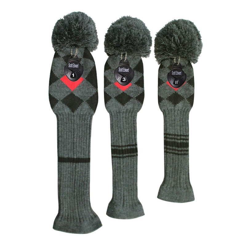 Scott Edward Grey Red Black Argyles Low-Key Style Golf Pom Pom Headcover, Long Neck, Set of 3 for Driver(460cc), Fairway Wood, Hybrid, Rotating Number Tags, Personalized Golf Accessories - Image 2
